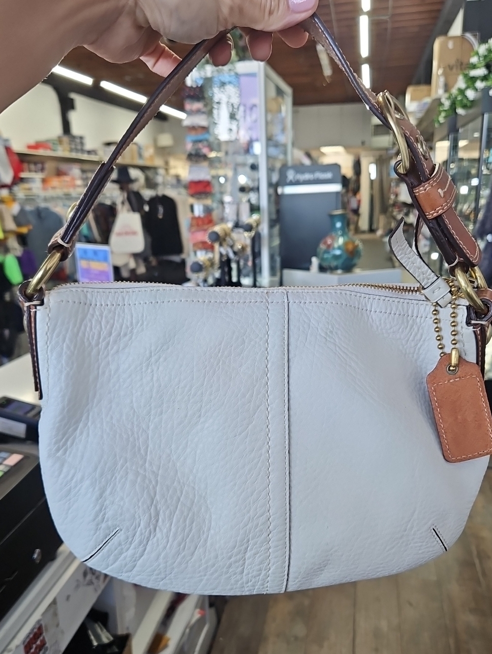 Women's Leather Shoulder Bag white with Tan Accent